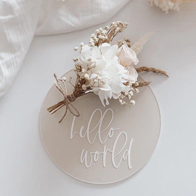 Hello World Floral Announcement Plaque